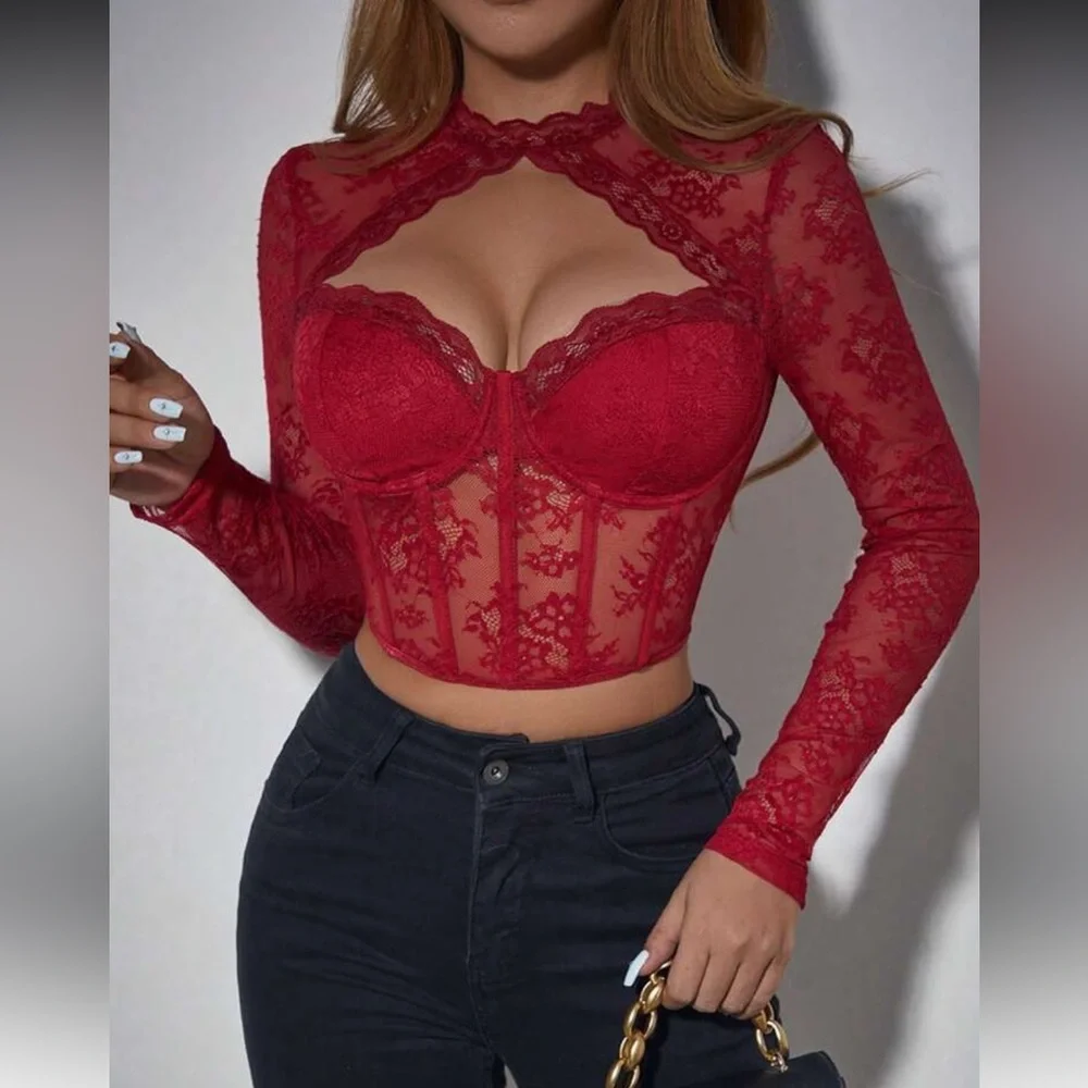 Elegant Red Lace Long Sleeve Top